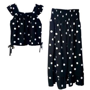 Scoop Midi Skirt Crop Top Set Women’s XS Navy Blue White Polka Dot Ruffles.